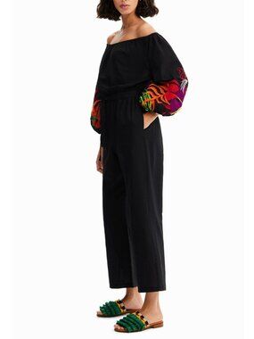 Desigual Stella Jean Jumpsuit L Embroidered Black Off Shoulder